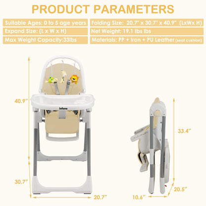 Chaise haute évolutive et pliable pour bébé et enfant, 7 hauteurs, dossier inclinable 4 positions