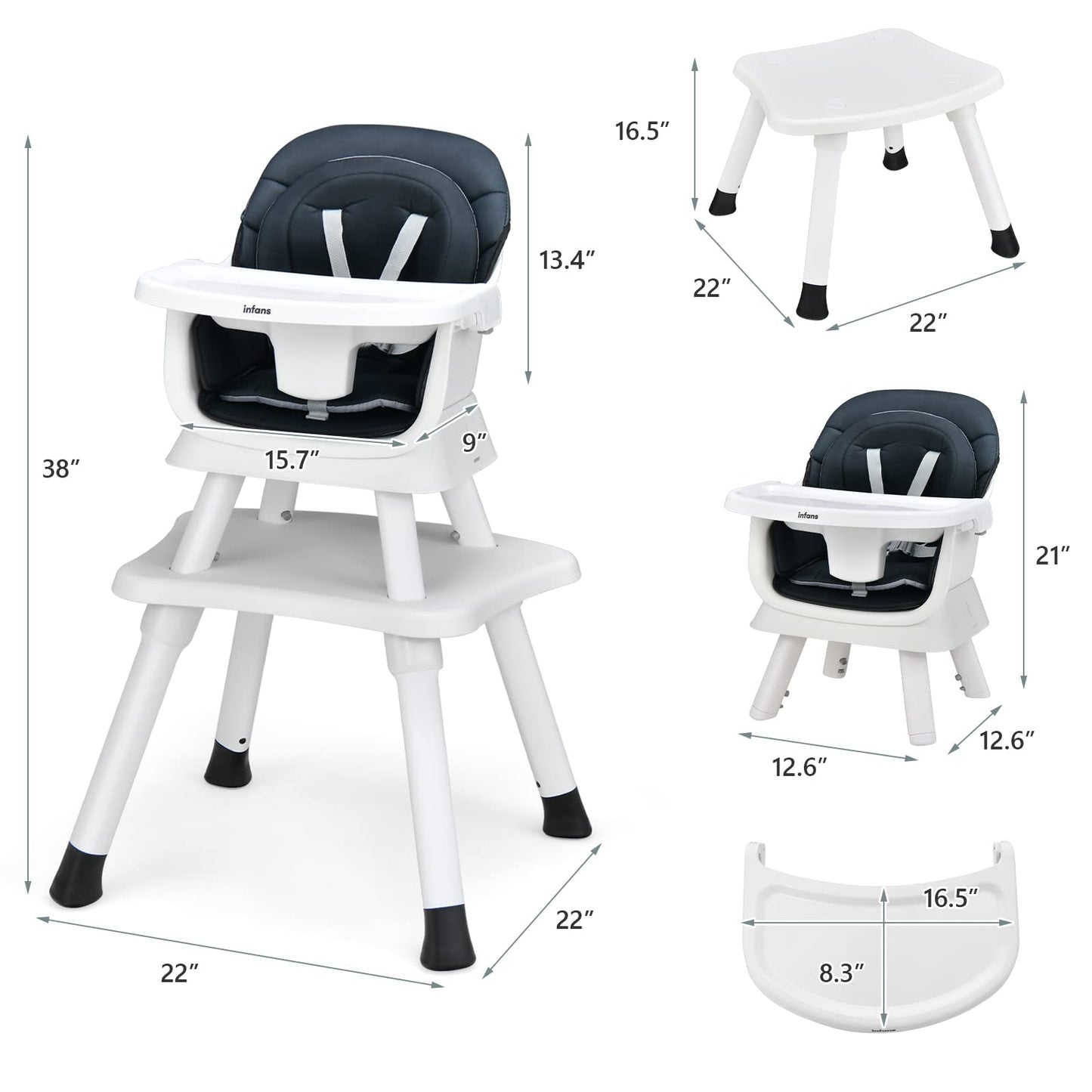 Chaise haute 8 en 1, chaise convertible pour bébé et tout-petit, rehausseur de repas, ensemble tabouret/table/chaise pour enfant