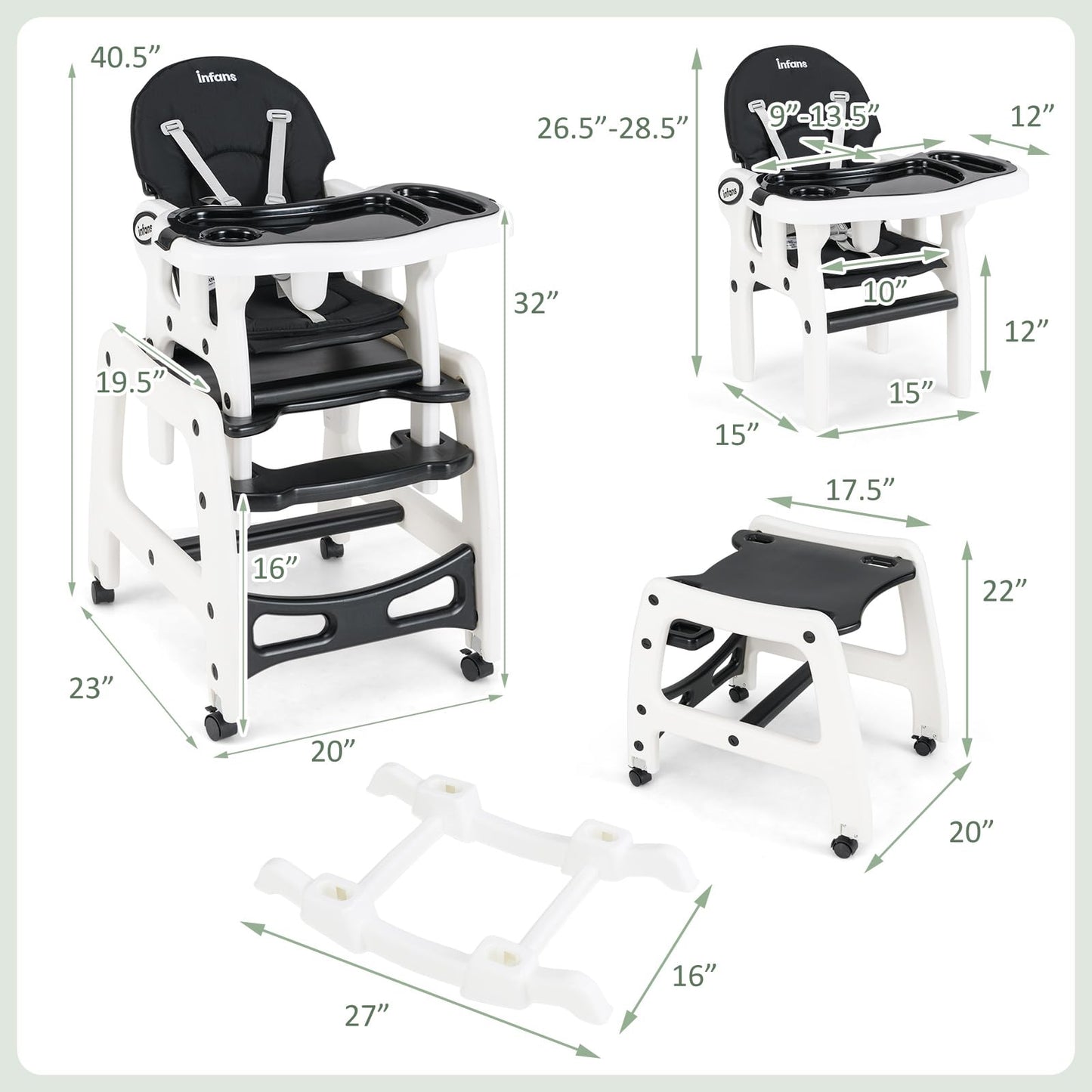 Chaise haute évolutive 5-en-1 pour bébé, ensemble chaise/table convertible, fonction bascule, siège multifonction avec roues universelles verrouillables