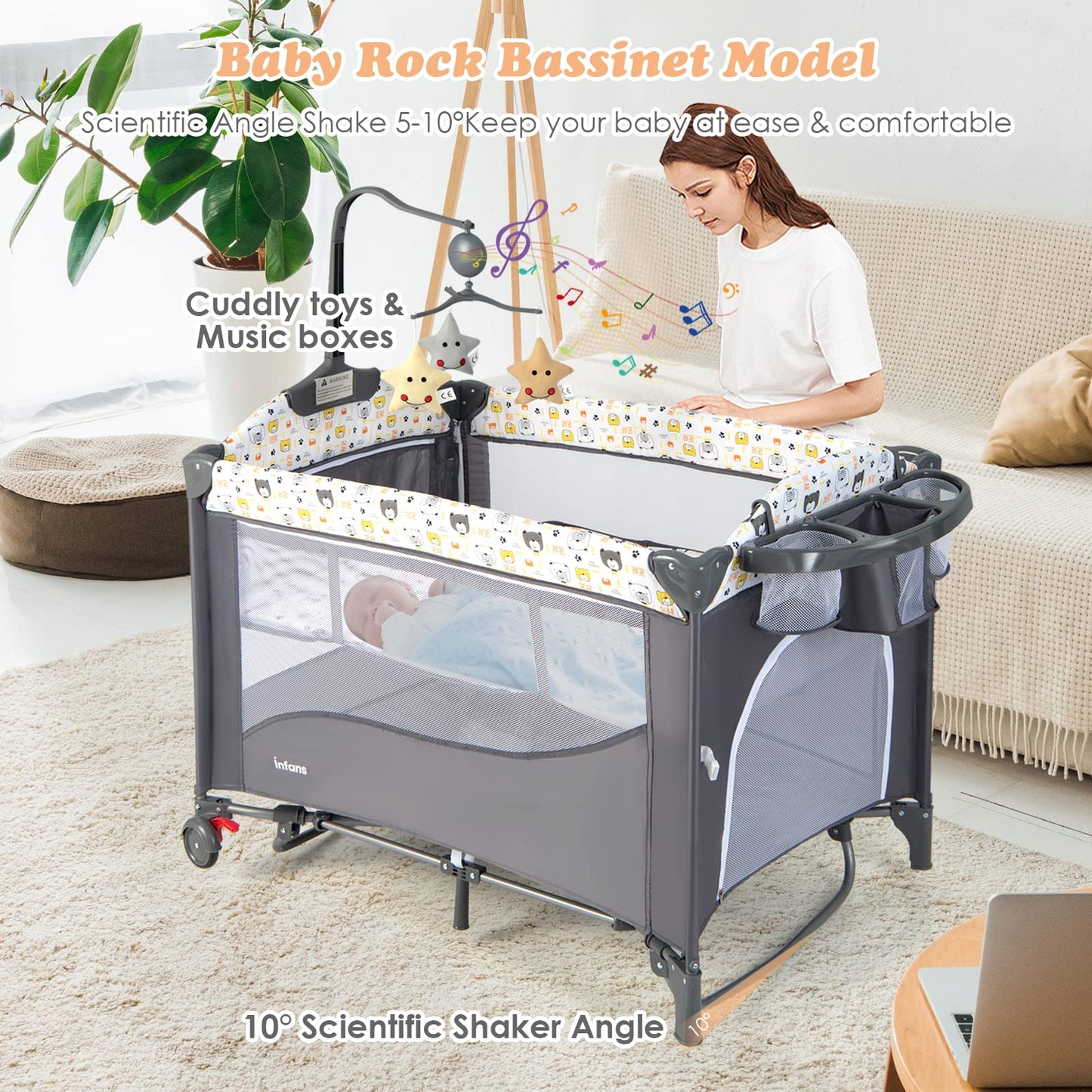 Parc pliable 5-en-1 pour bébé, lit de chevet avec berceau, table à langer, berceau pliable, aire de jeux portable