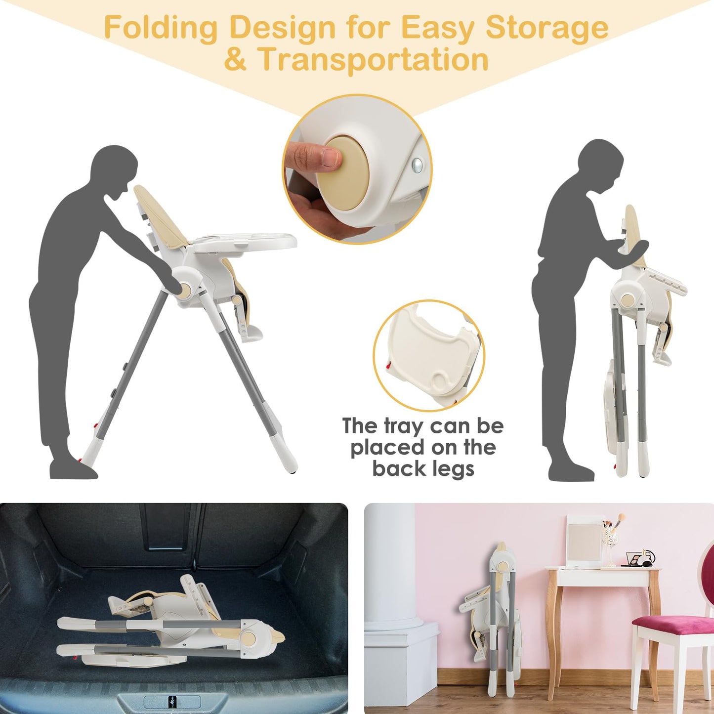 Chaise haute évolutive et pliable pour bébé et enfant, 7 hauteurs, dossier inclinable 4 positions