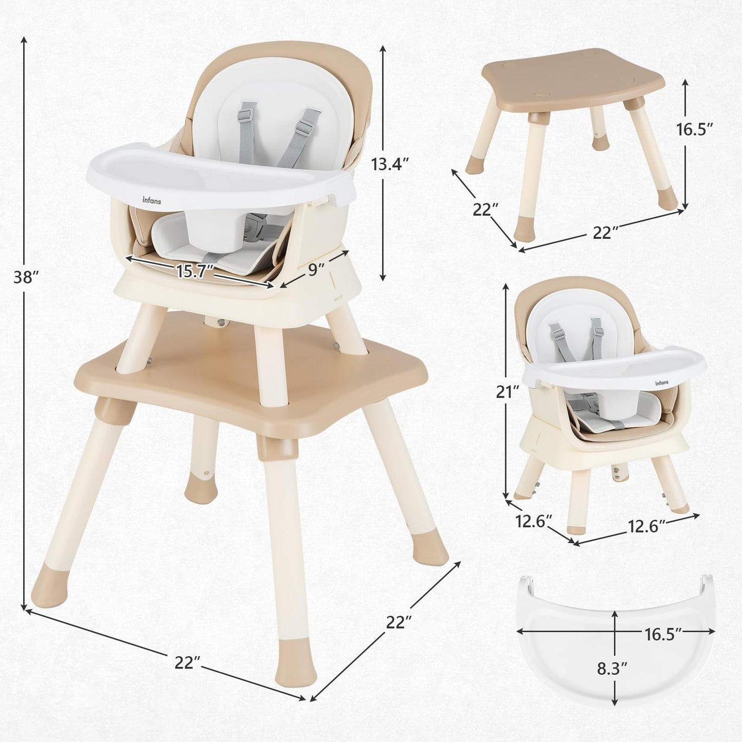 Chaise haute 8 en 1, chaise convertible pour bébé et tout-petit, rehausseur de repas, ensemble tabouret/table/chaise pour enfant