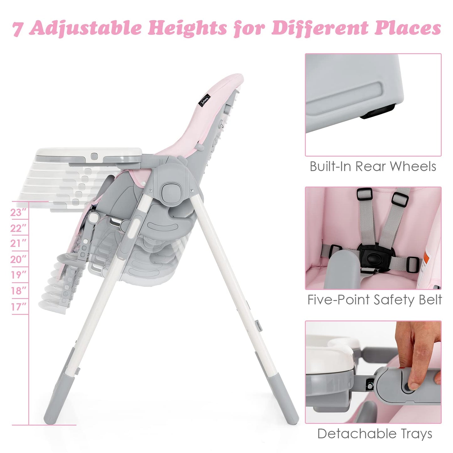 Chaise haute pliable pour bébés et tout-petits avec dossier, repose-pieds et hauteur d’assise réglables