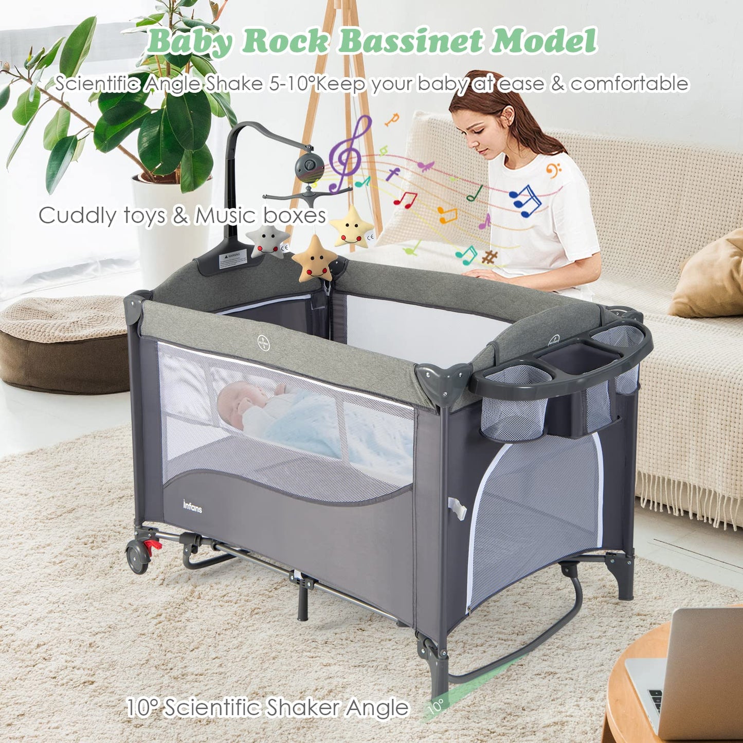 Parc pliable 5-en-1 pour bébé, lit de chevet avec berceau, table à langer, berceau pliable, aire de jeux portable
