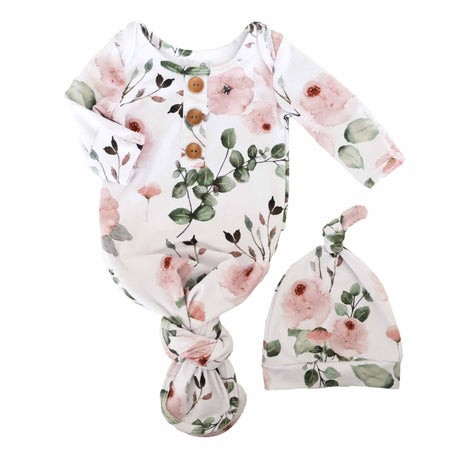 Ensemble robe nouée et bonnet pour nouveau-né, Jardin de Roses Poudrées