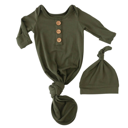 Ensemble grenouillère nouée et bonnet pour bébé en bambou coloris olive uni